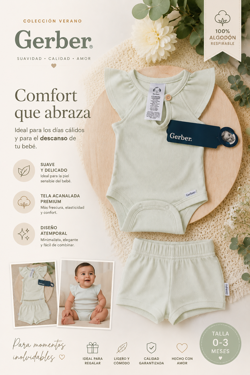 Conjunto Premium Gerber 2 Piezas Verde Sage – Body Acanalado con Volantes + Short – 100% Algodón – 0-3 Meses