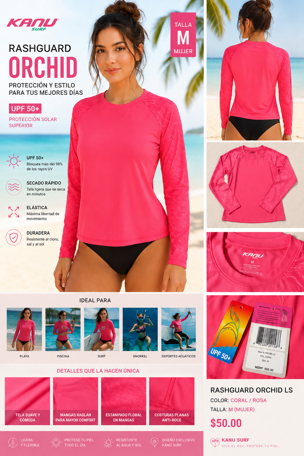 Kanu Surf Rashguard Mujer UPF 50+ Coral Floral Manga Larga – Protección Solar Talla M