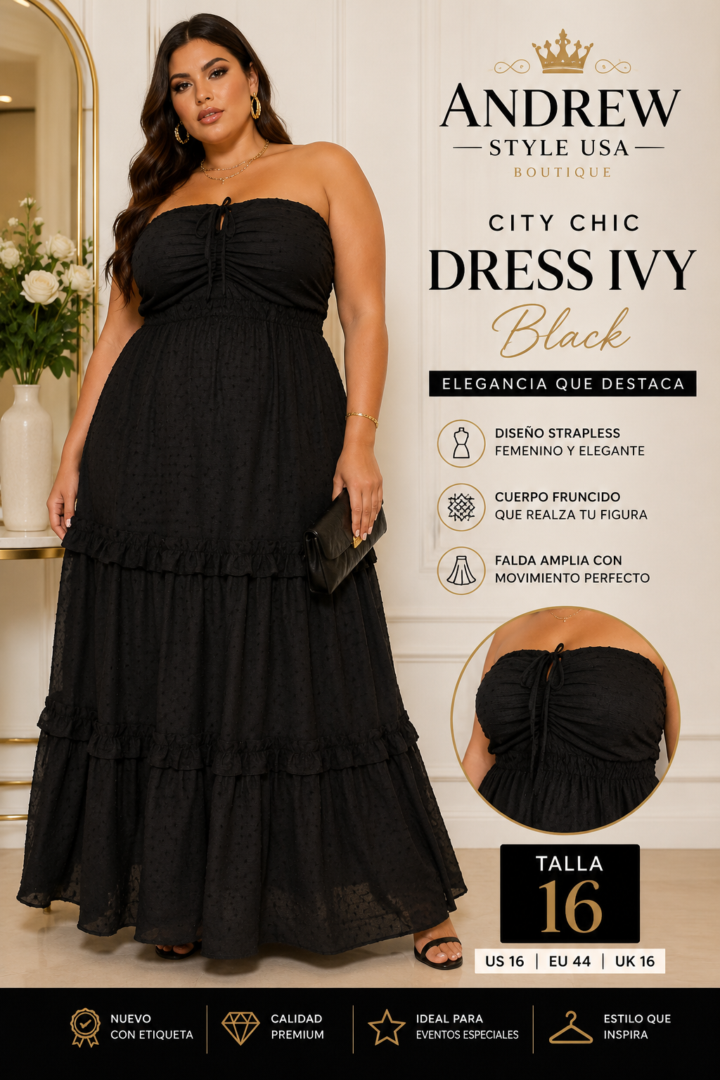 Vestido Largo City Chic Ivy Negro Strapless para Mujer – Talla 16