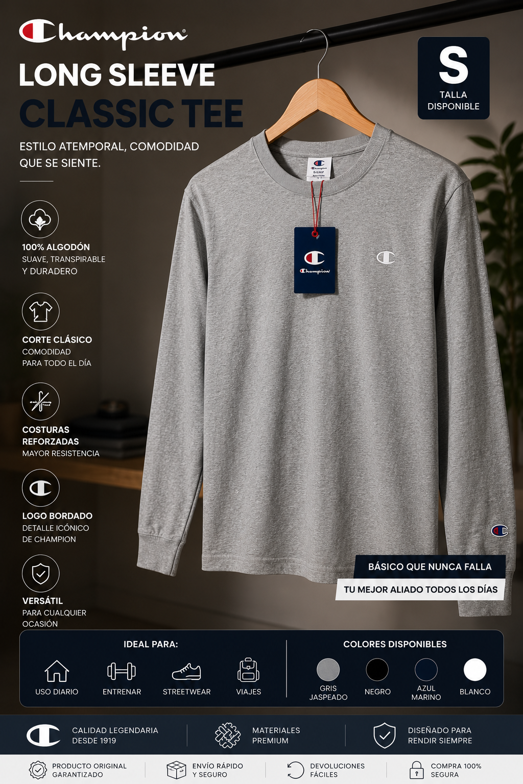 Champion Classic Long Sleeve Tee Gris Jaspeado Hombre Talla S Original