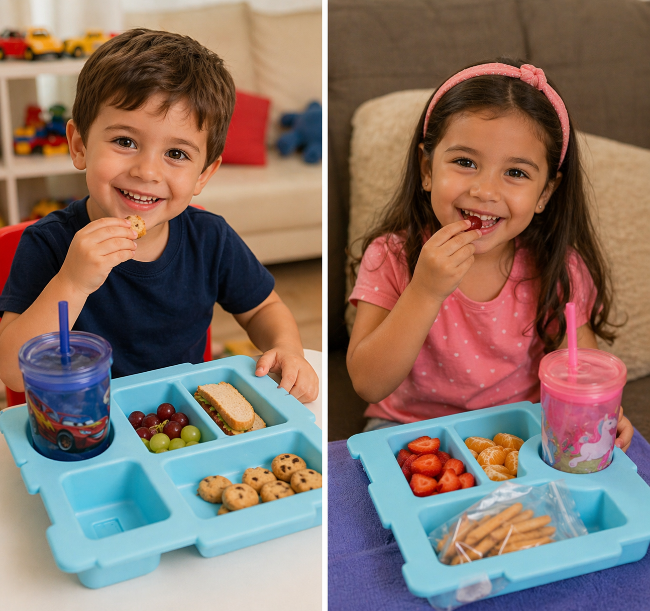 Bandeja Porta Snacks para Niños con Espacio para Bebida | Ideal para Viajes, Carro y Casa