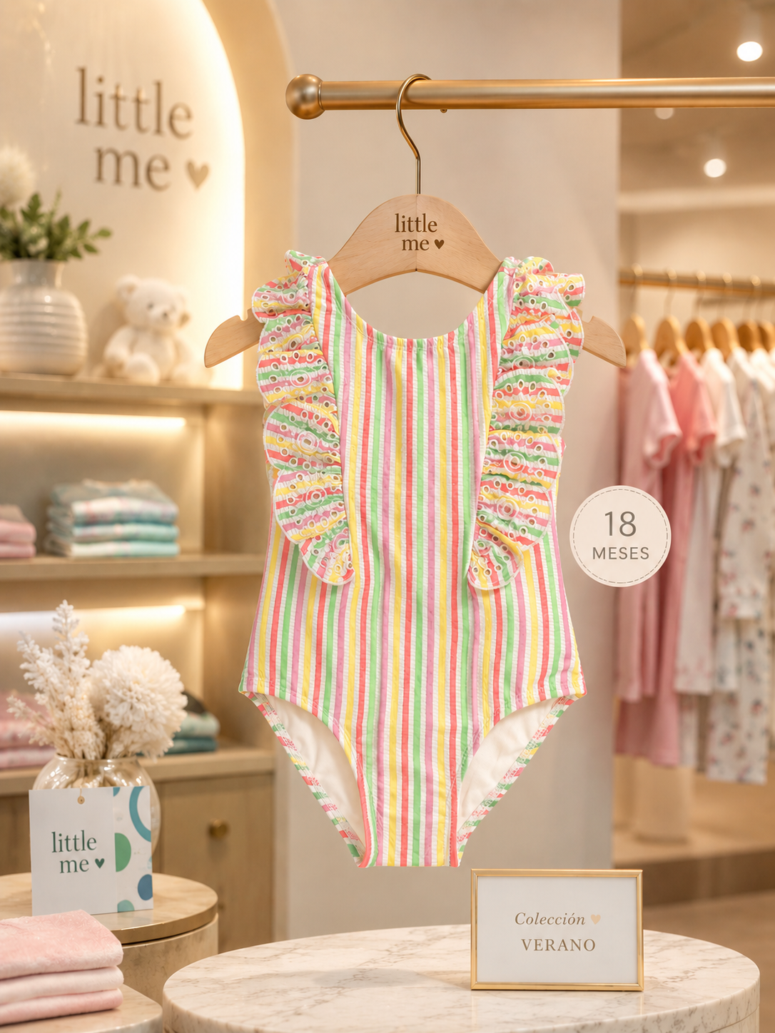 Traje de Baño Infantil Little Me Multicolor UPF 50+ con Volantes Bordados – 18 Meses