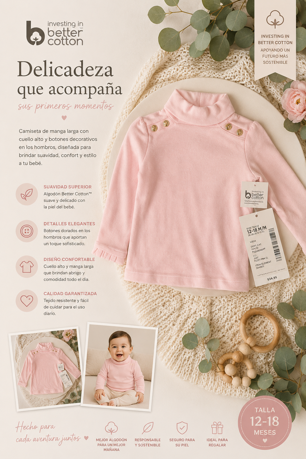 Blusa Infantil Premium Cuello Alto Rosa Pastel con Botones Dorados – Better Cotton – 12-18 Meses