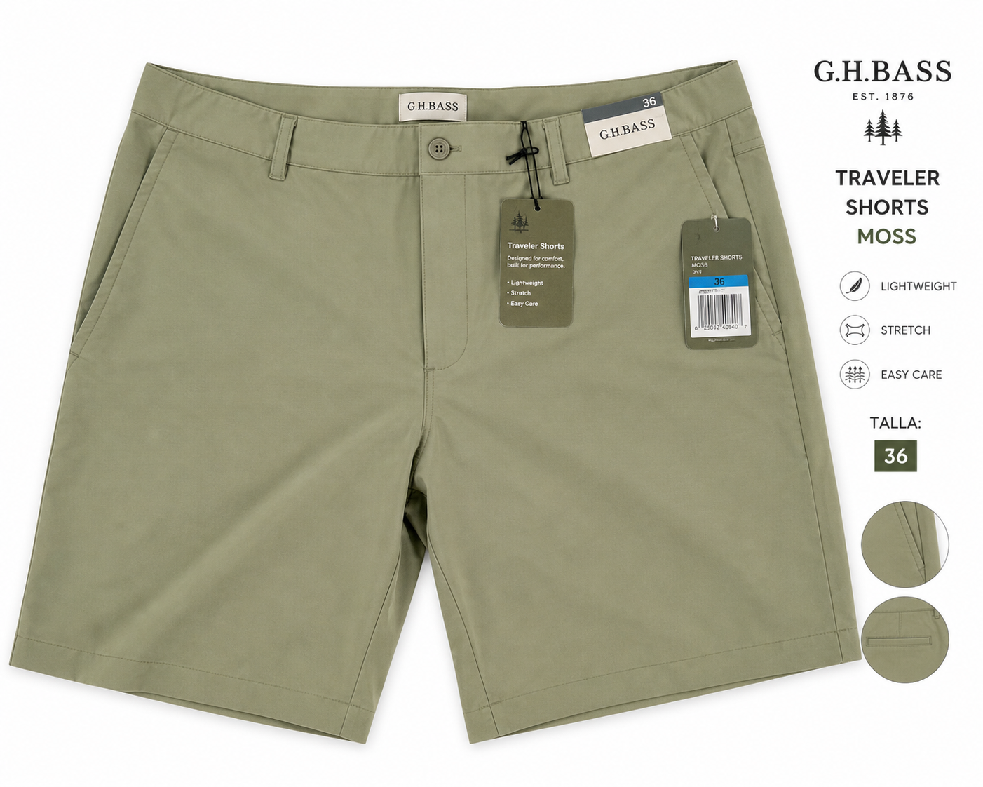 Bermuda G.H. Bass Original Hombre Talla 36 Color Moss Verde Oliva Premium Traveler Shorts