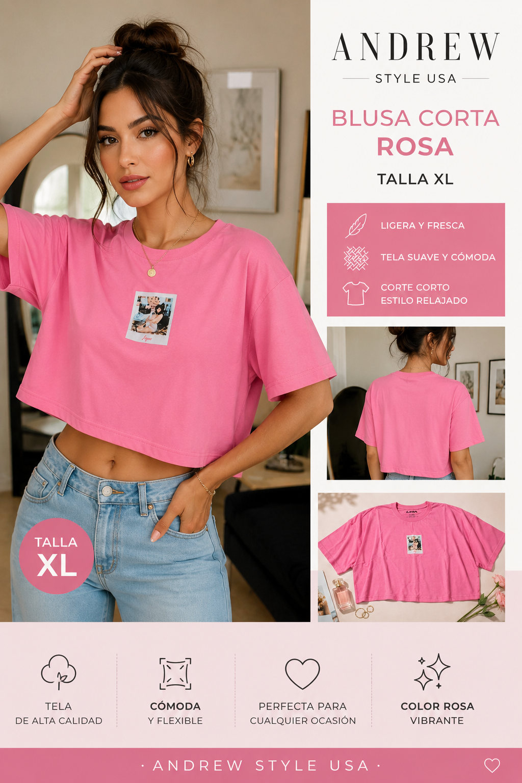 Blusa Corta Mujer Lira Rosa Talla XL | Crop Top Oversize Casual Original
