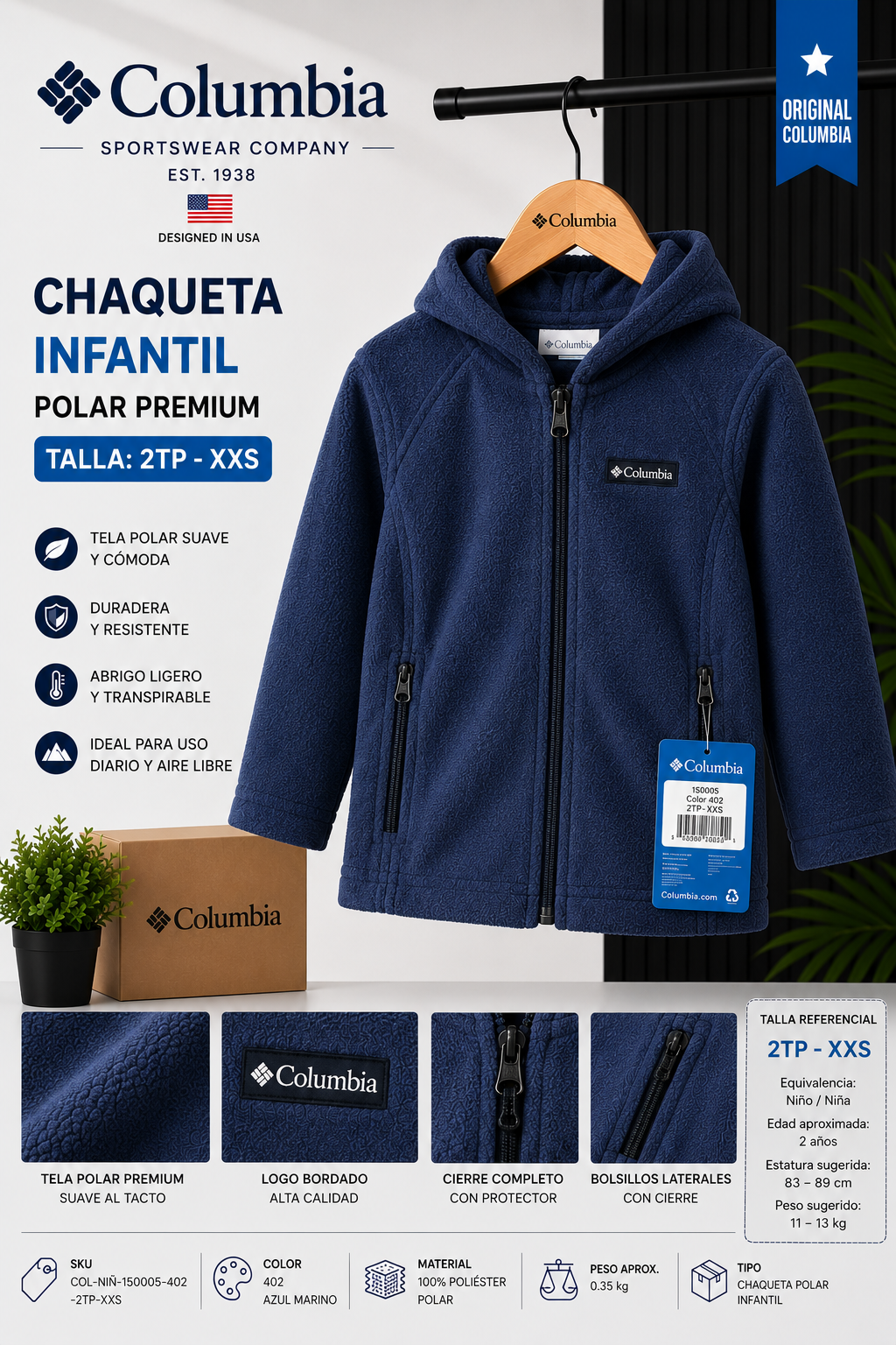 Chaqueta Columbia Infantil Polar Premium Azul Marino 2TP-XXS Original