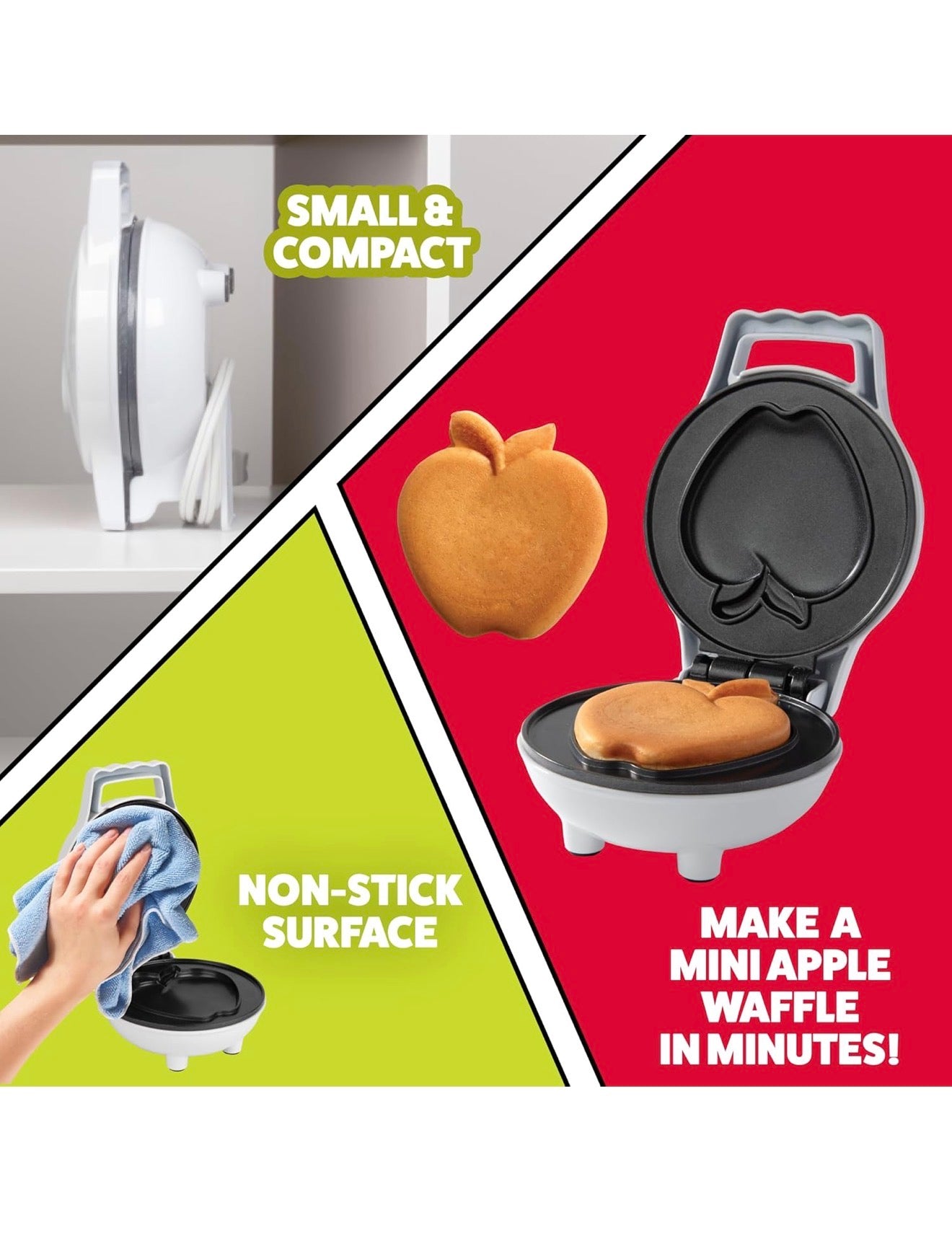 Mini Waflera Eléctrica Antiadherente Forma de Manzana 4” Desayunos Rápidos para Niños y Familia