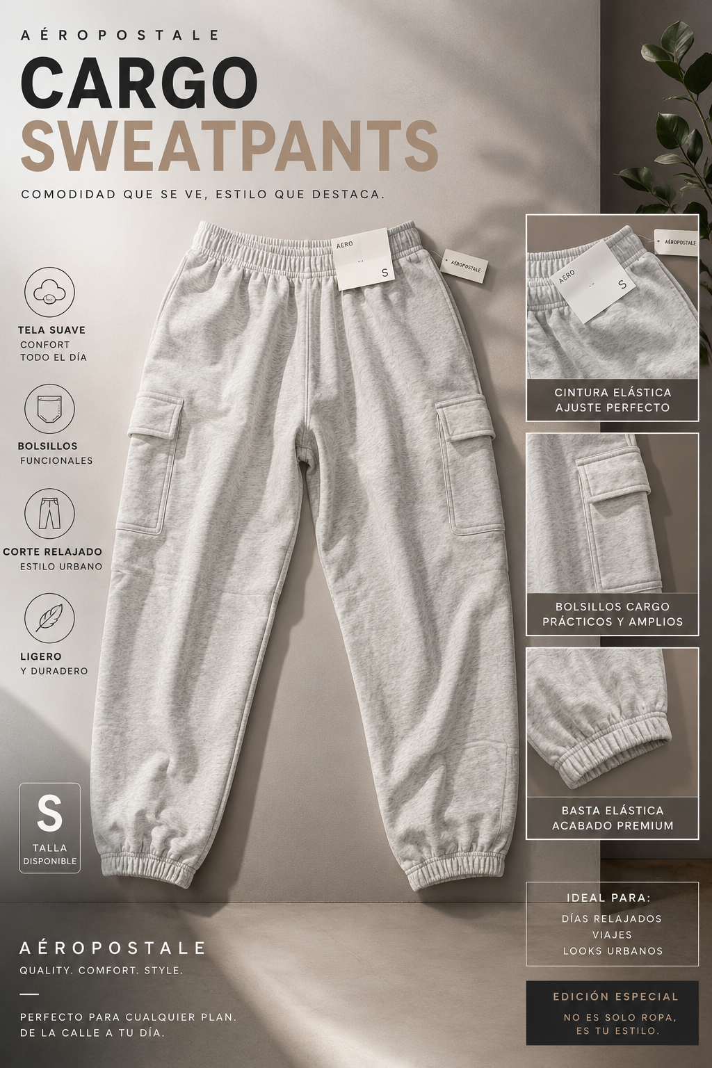 Aeropostale Cargo Sweatpants Jogger Gris Claro Hombre Talla S Premium Fit