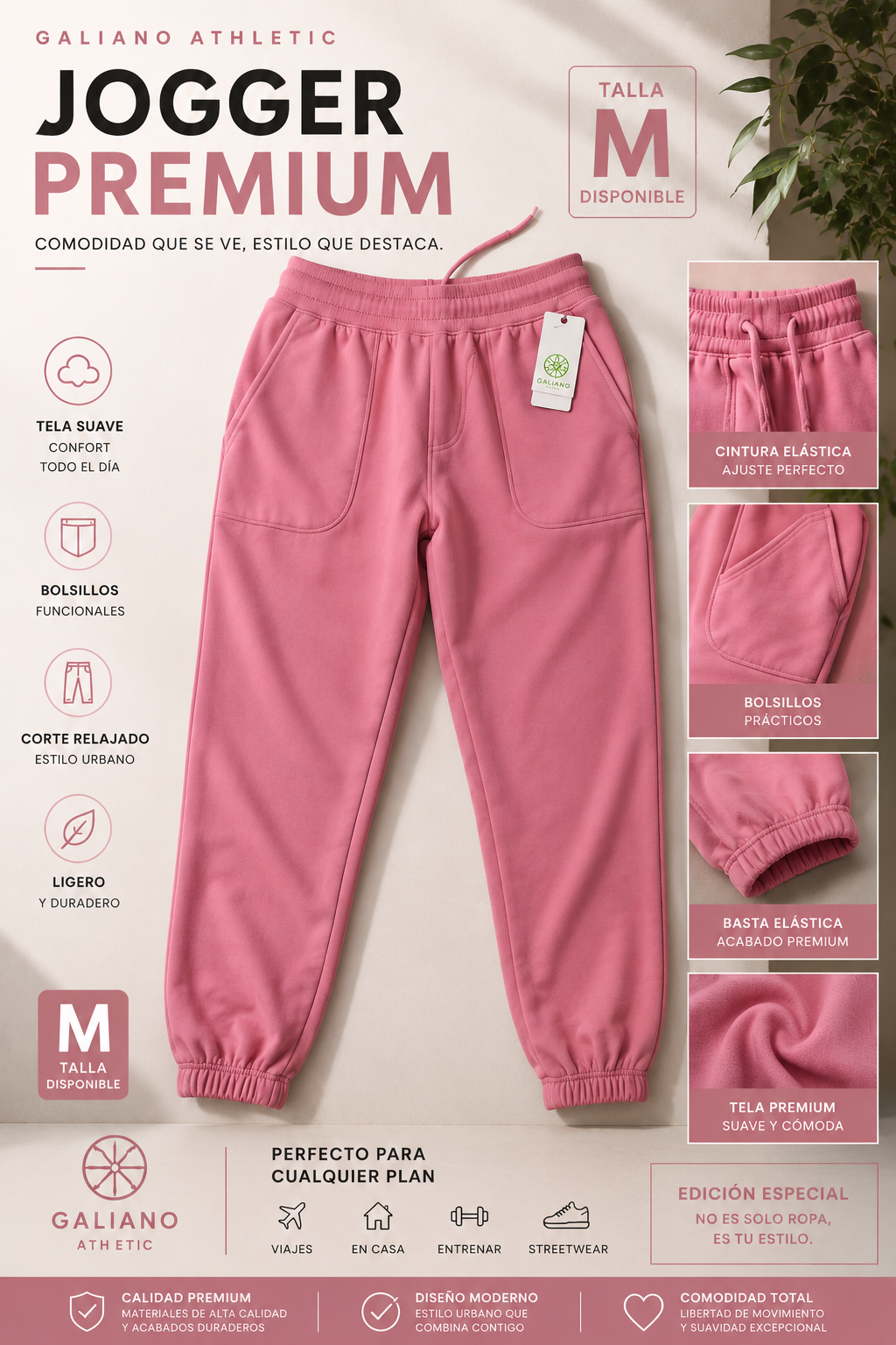 Galiano Athletic Jogger Premium Rosado Mujer Talla M Casual Fit