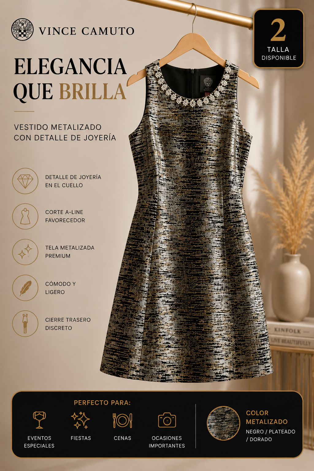 Vince Camuto Vestido Metalizado Elegante Negro Dorado Talla 2 Premium