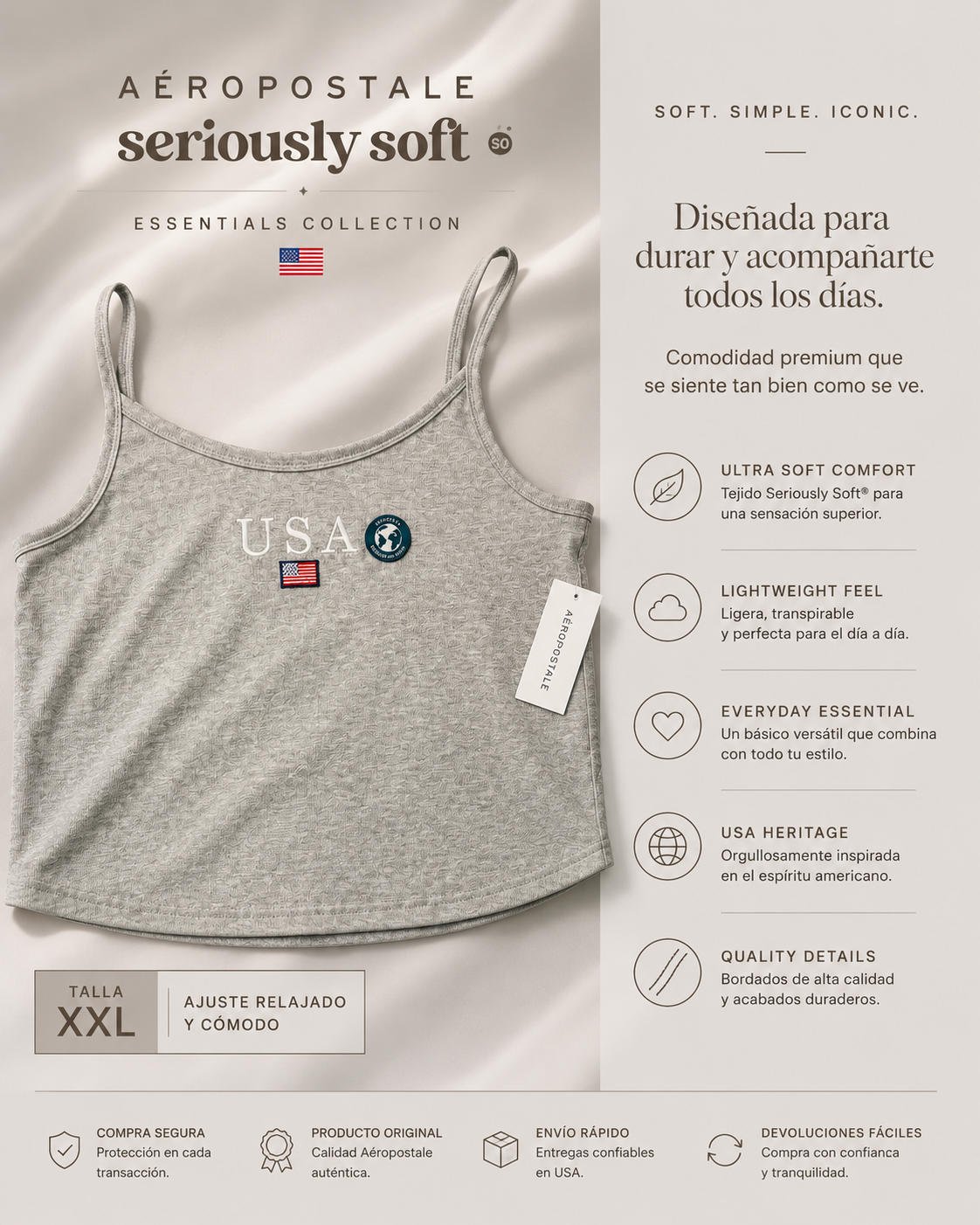 Top Básico Aeropostale Seriously Soft Gris XXL Original Mujer