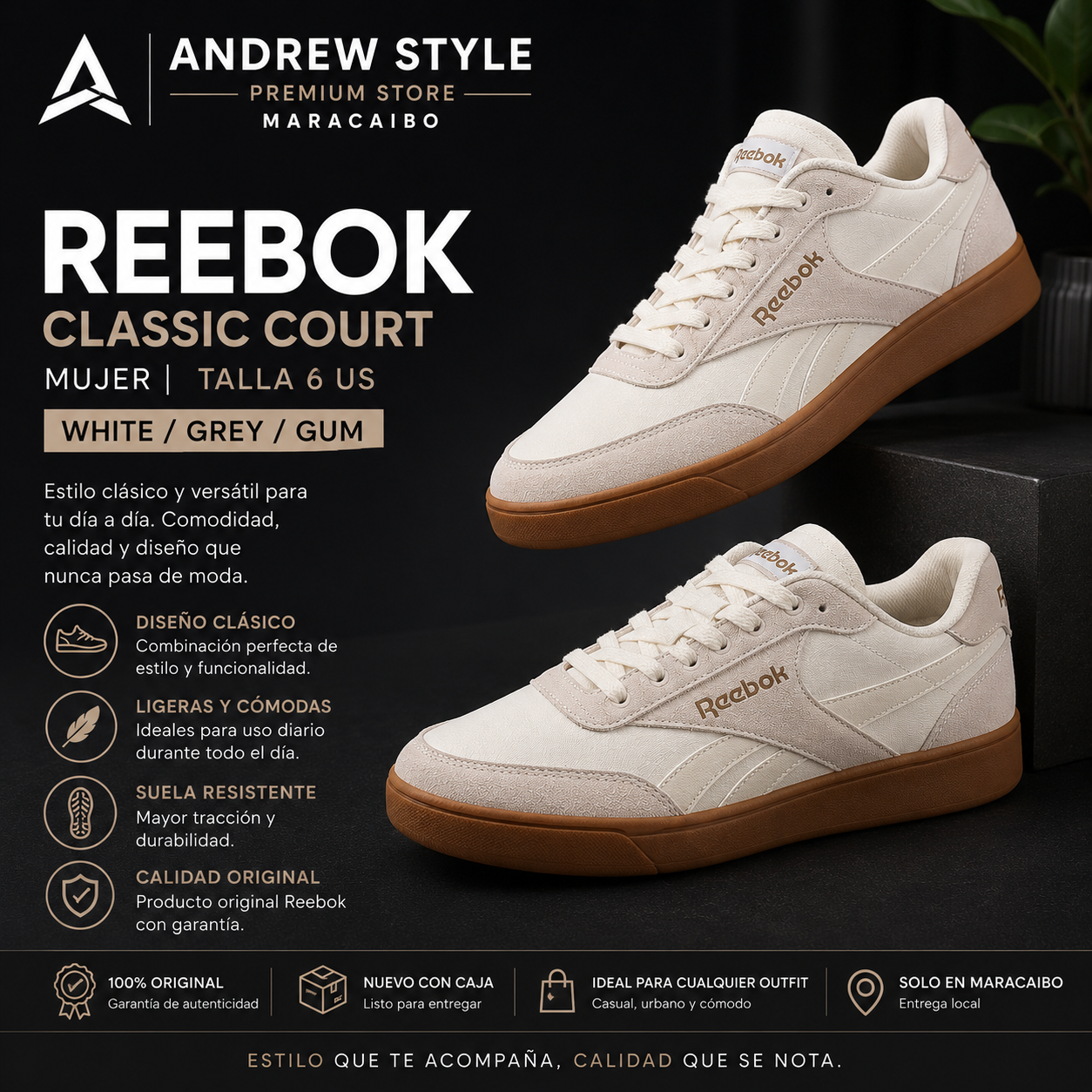 Reebok Classic Court Mujer Blanco Gris Gum Original Talla 9