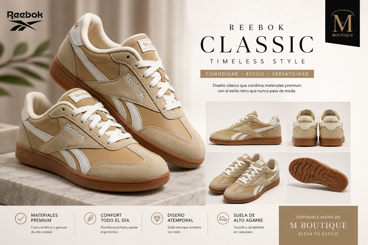 Reebok Classic Lifestyle Beige/Gum para Mujer | Sneakers Casuales Premium