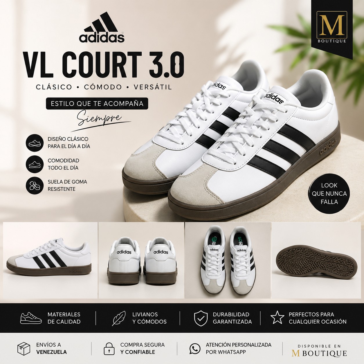 Adidas Court Classic UNISEX Blanco/Negro con Suela Gum | Estilo Casual Original