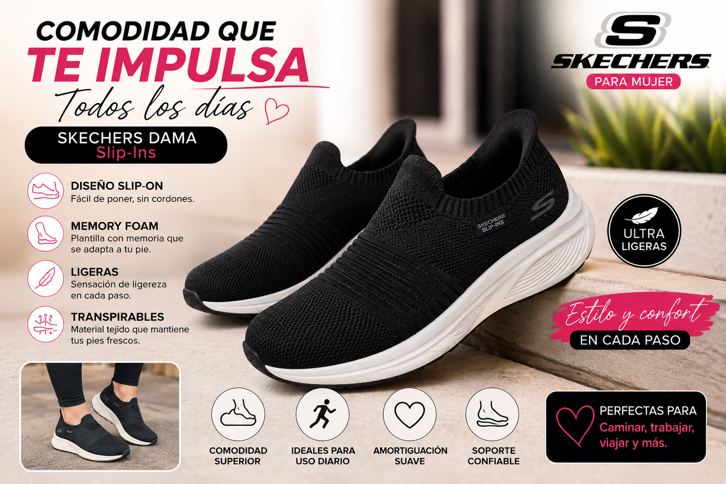 Skechers Slip-Ins para Mujer Negro/Blanco | Tenis Casual sin Cordones con Memory Foam