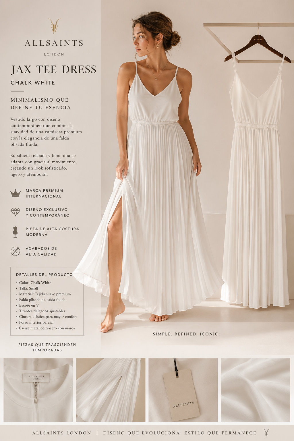 ALLSAINTS London Jax Tee Dress Chalk White + Franela Premium Mujer | Conjunto Elegante Plisado