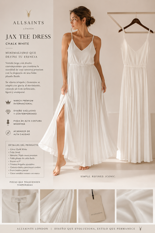ALLSAINTS London Jax Tee Dress Chalk White + Franela Premium Mujer | Conjunto Elegante Plisado