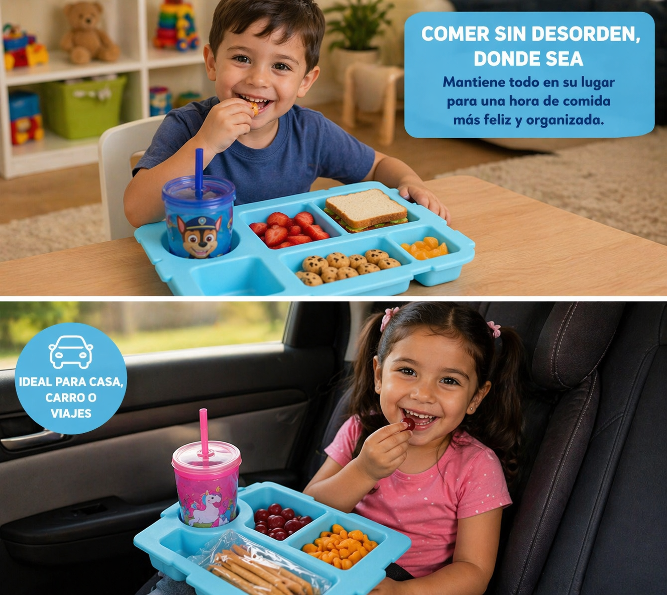 Bandeja Porta Snacks para Niños con Espacio para Bebida | Ideal para Viajes, Carro y Casa
