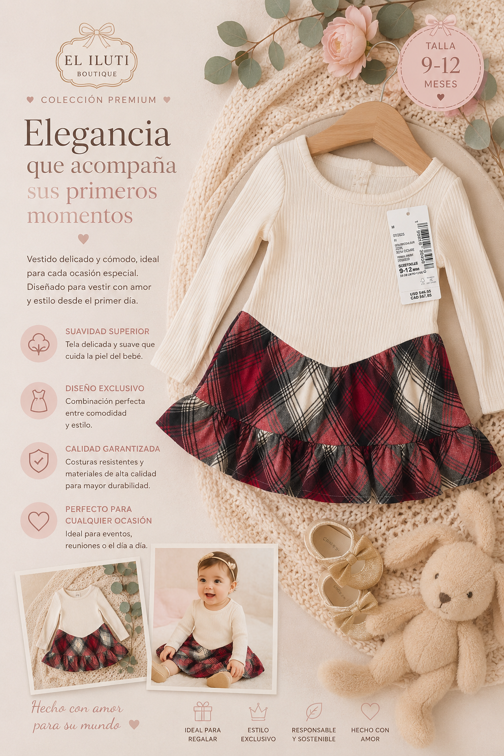 Vestido Infantil Premium Cuadros Tartán Beige & Burgundy – Manga Larga Elegante | 9-12 Meses