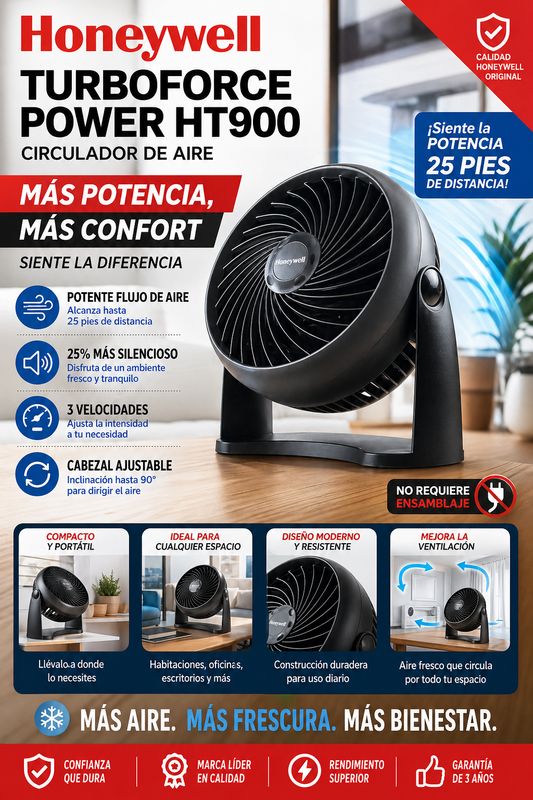 Ventilador Honeywell TurboForce Power HT900 – Circulador de Aire Potente 3 Velocidades – Compacto y Silencioso