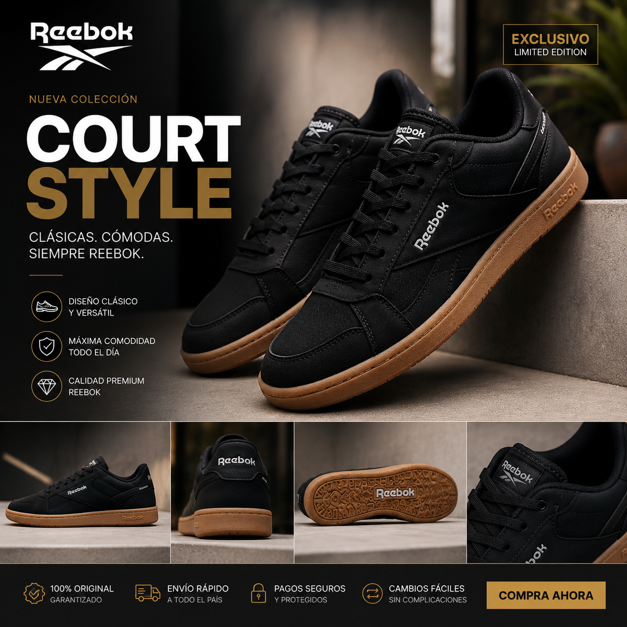 Reebok Court Style Hombre Negro Suela Goma Original