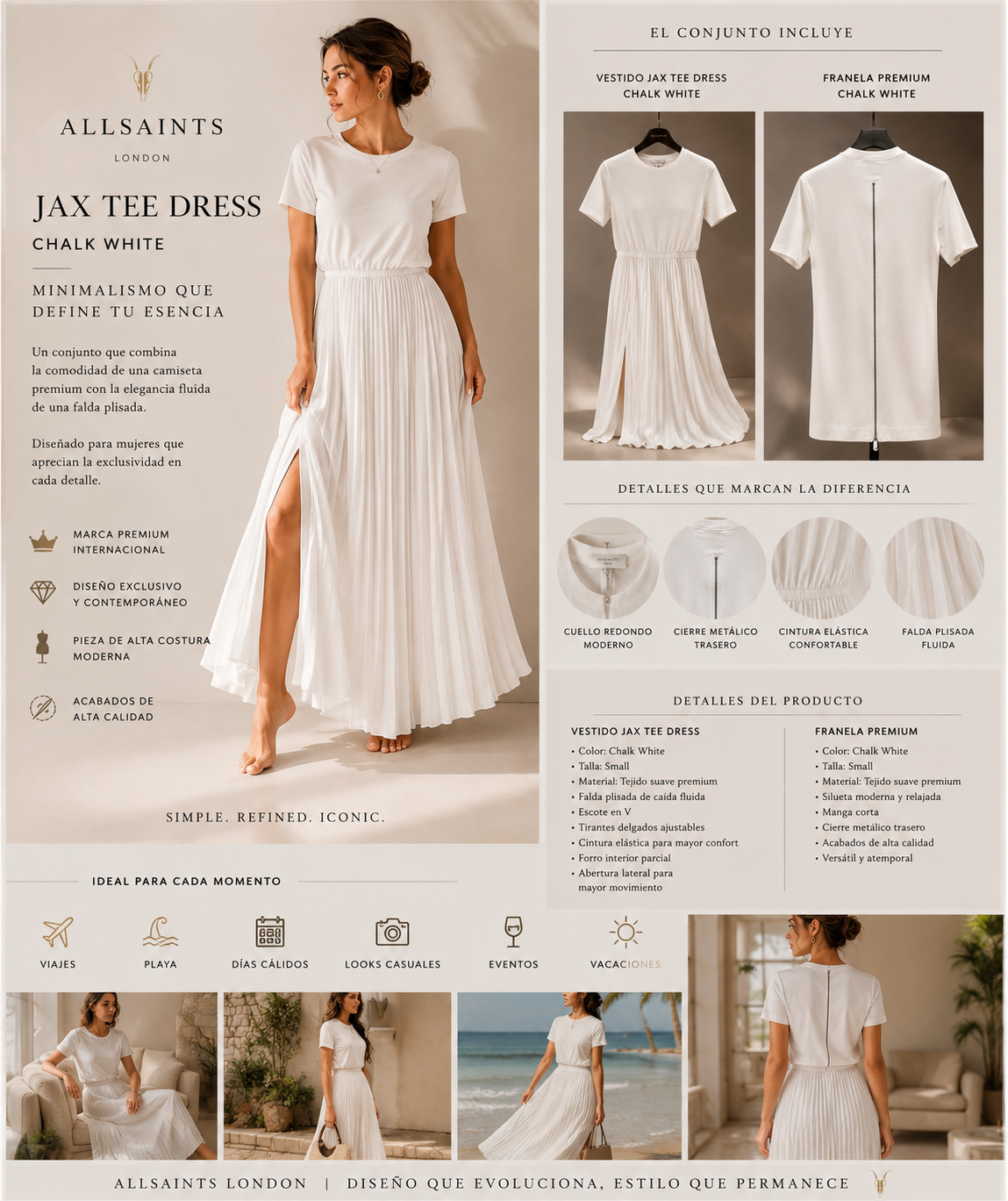 ALLSAINTS London Jax Tee Dress Chalk White + Franela Premium Mujer | Conjunto Elegante Plisado