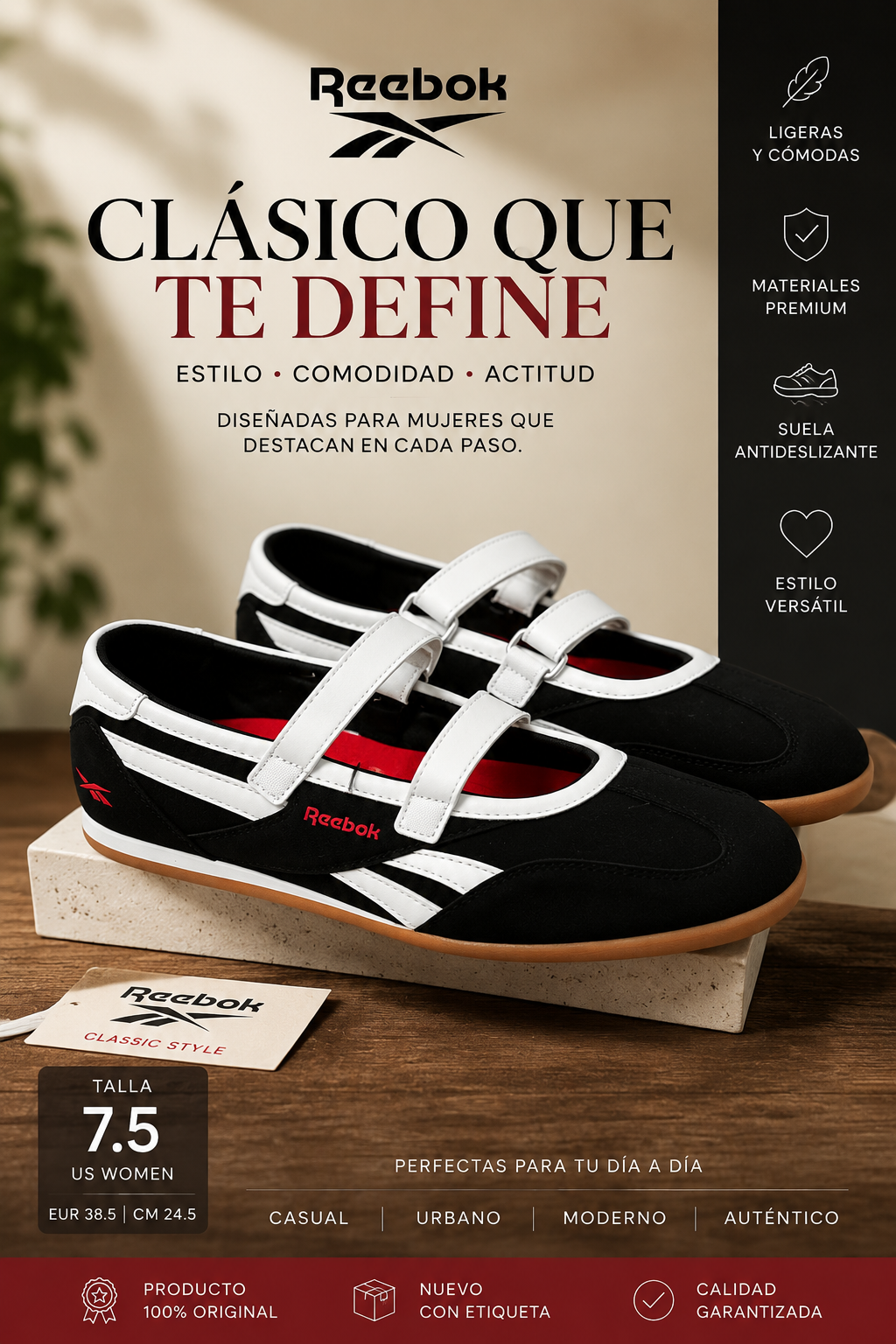 Reebok Ultra Lo Mary Jane Mujer Negro/Blanco Original