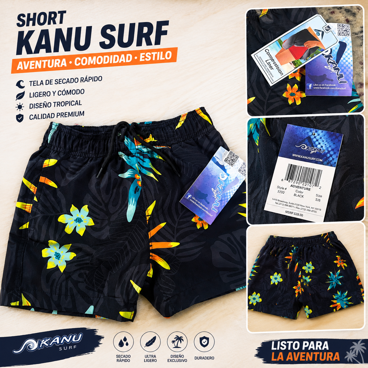Short de Playa Infantil Kanu Surf Adventure Negro Tropical UPF 50+ Talla 5/6
