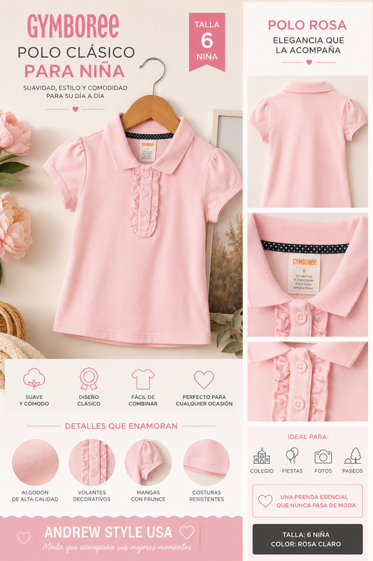 Gymboree Polo Clásico Rosa para Niña con Volantes – Talla 6