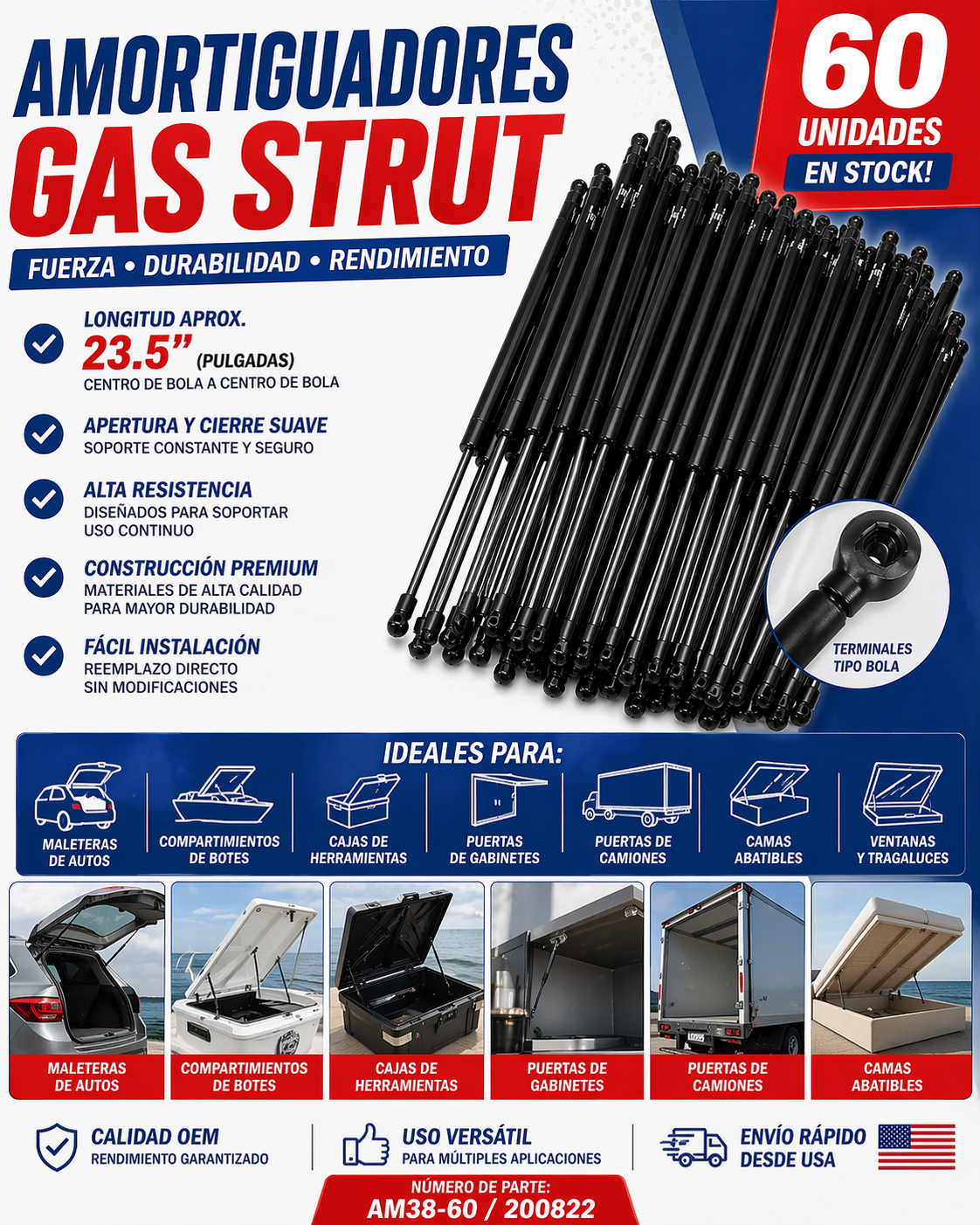 Amortiguador de Gas Meritool AM38-60 102025 High Pressure Lift Support