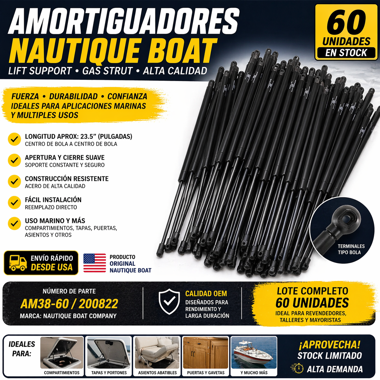Amortiguador de Gas Meritool AM38-60 102025 High Pressure Lift Support