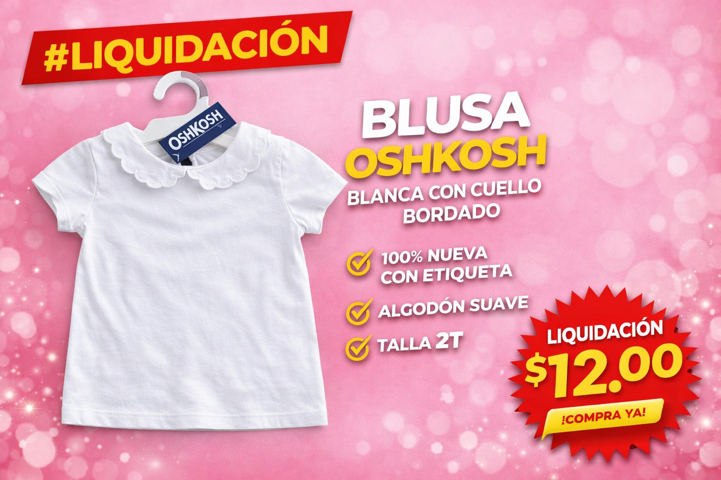 Blusa Niña OshKosh blanca con Cuello Bordado Talla2T Nueva con Etiqueta