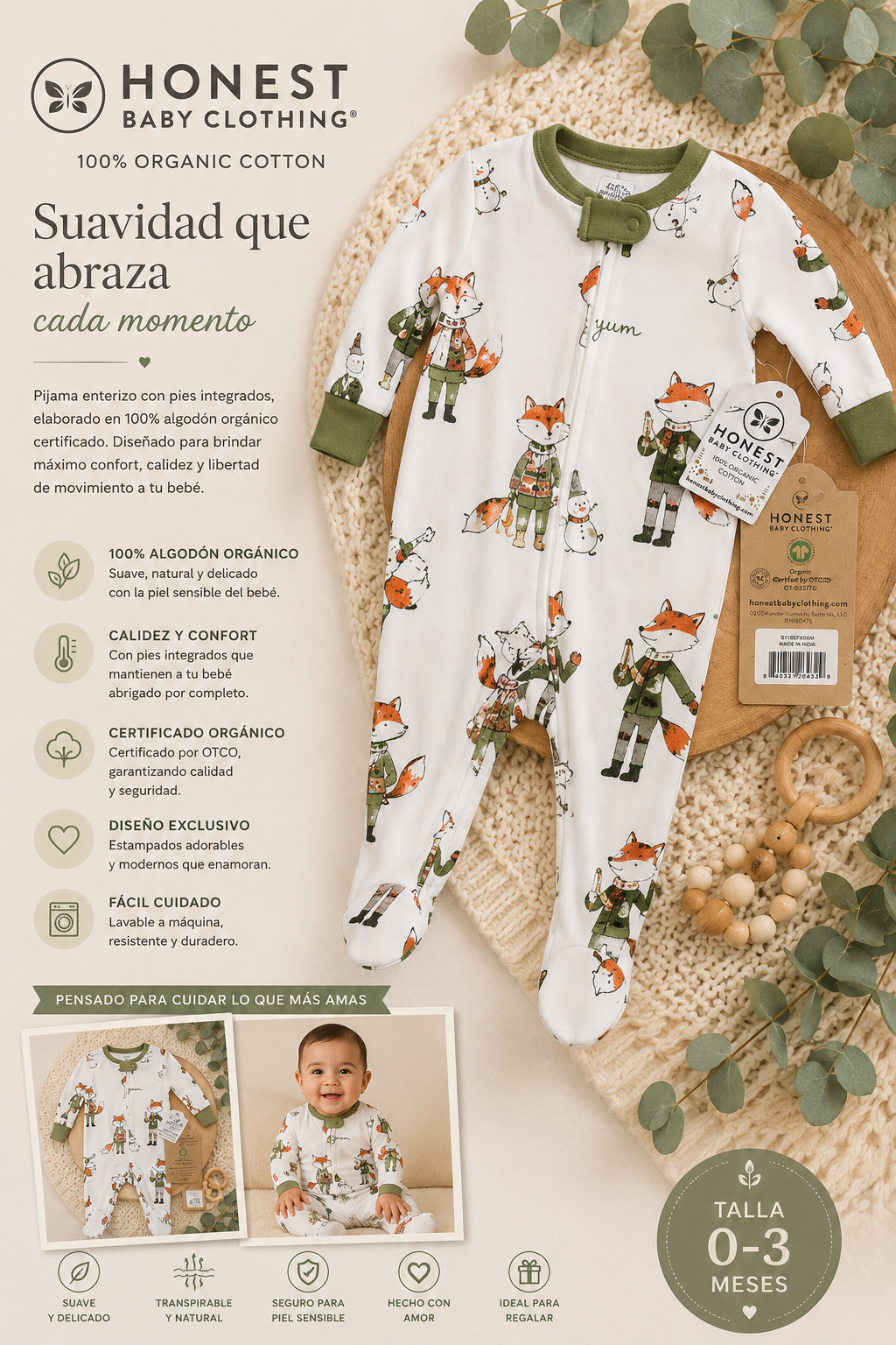 Pijama Enterizo Honest Baby Clothing Organic Cotton con Diseño de Zorros – 100% Algodón Orgánico – 0-3 Meses