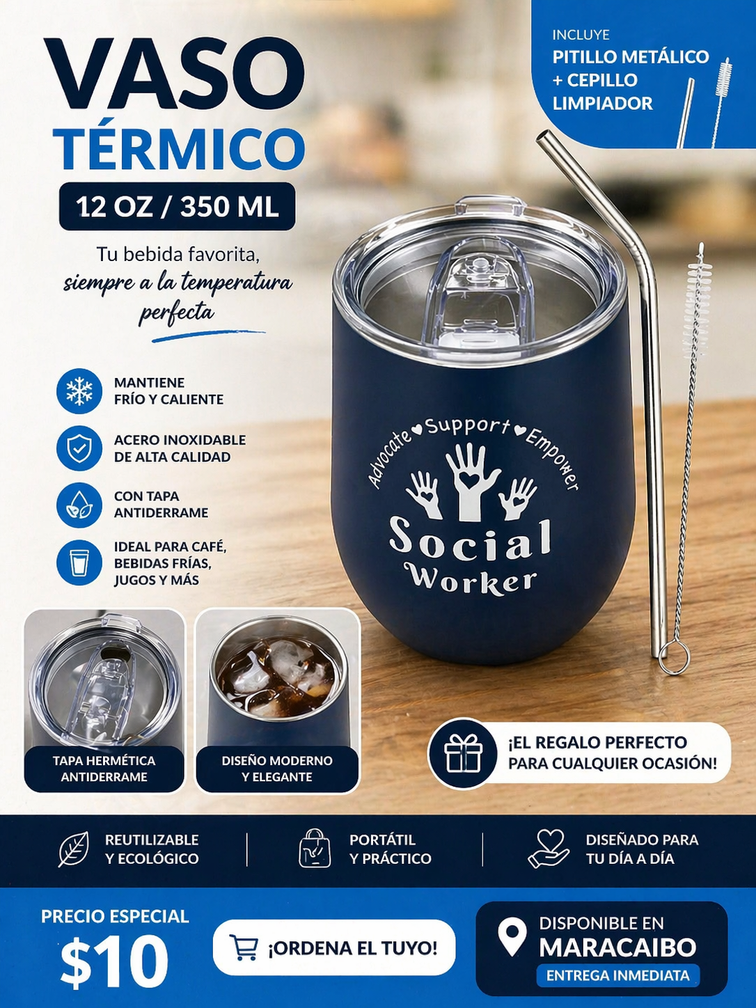 Vaso térmico 12oz con pitillo metálico y cepillo | Acero inoxidable