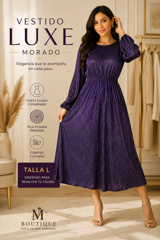 Vestido Elegante Morado Brillante para Mujer – Manga Larga | Talla L