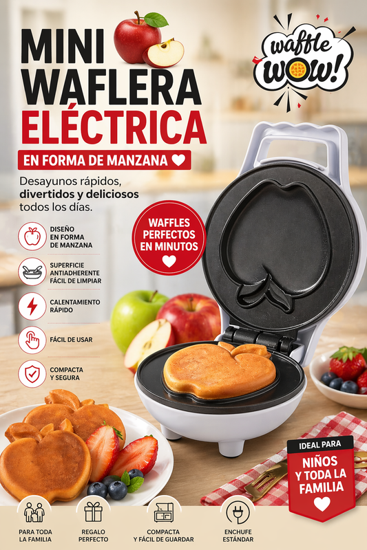 Mini Waflera Eléctrica Antiadherente Forma de Manzana 4” Desayunos Rápidos para Niños y Familia