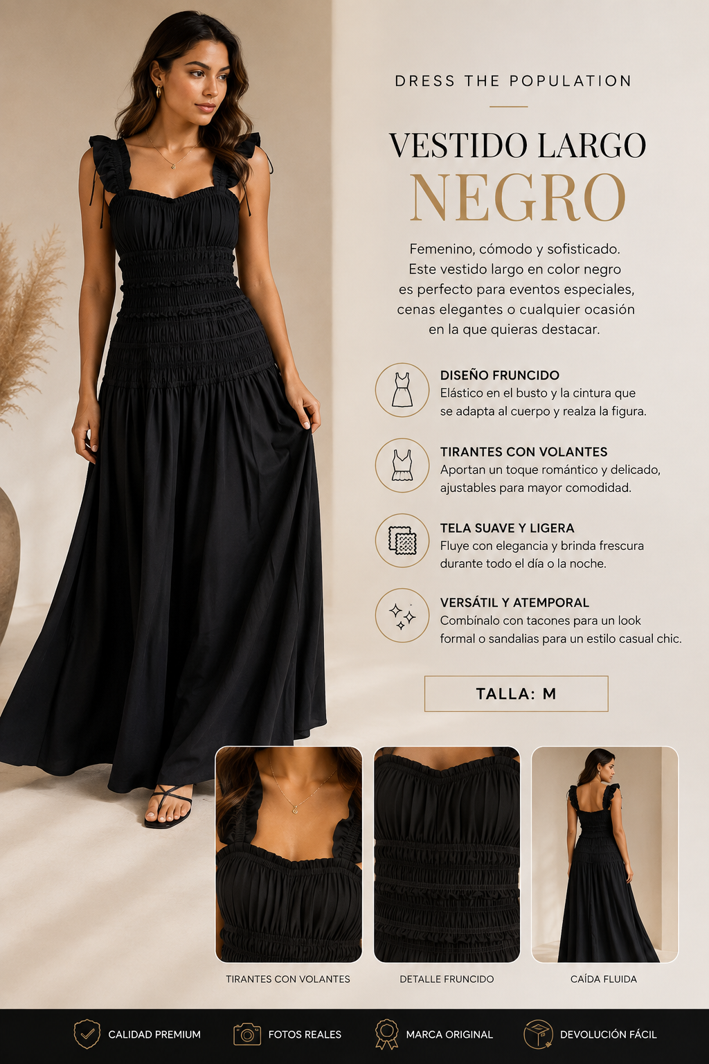 Vestido Midi Negro de Mujer con Detalles Fruncidos – Talla M