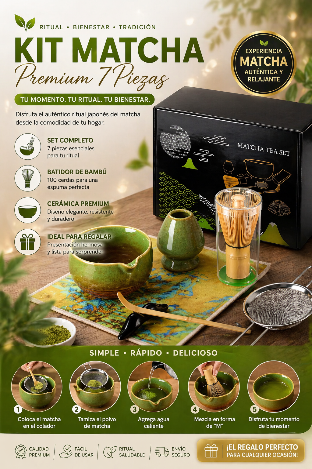 Kit Matcha Premium 7 Piezas – Ritual Japonés Antiestrés en Casa 🍵