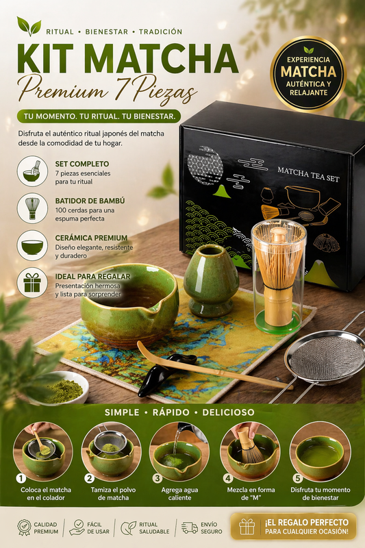 Kit Matcha Premium 7 Piezas – Ritual Japonés Antiestrés en Casa 🍵