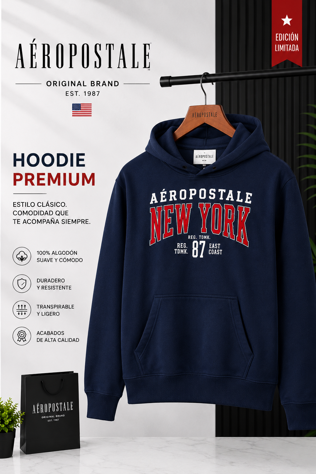 Hoodie Aeropostale New York 87 Original Premium Azul Marino Unisex Talla XS