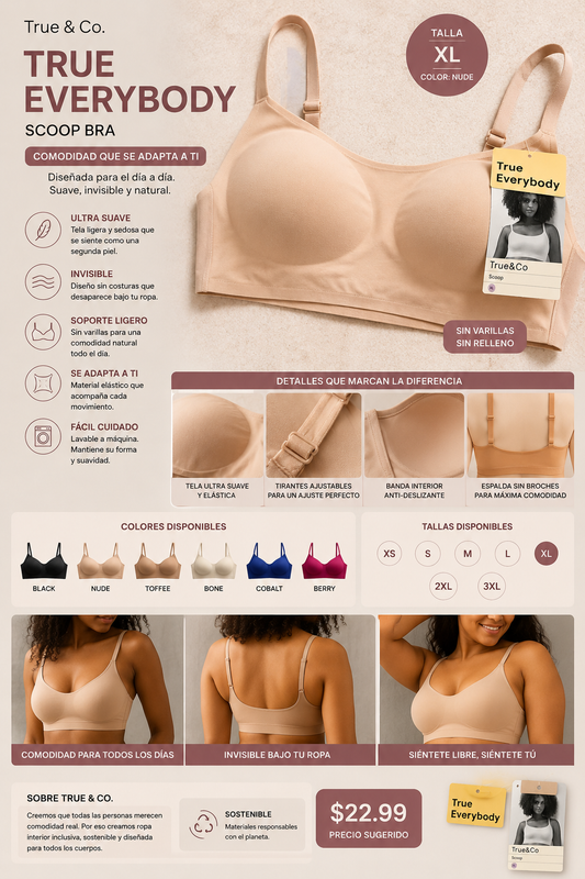 True & Co True Everybody Scoop Bra Nude XL | Brasier Inalámbrico Ultra Suave con Copas Removibles