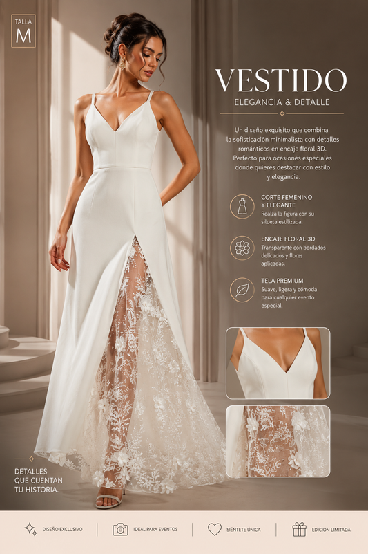 Vestido Largo Elegante Blanco con Encaje Floral 3D – Dress The Population – Talla M