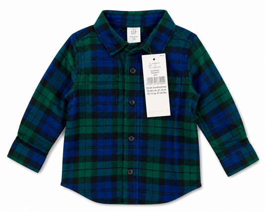 Camisa Bebé GAP a Cuadros Verde y Azul Manga Larga 18-24 Meses Marca GAP