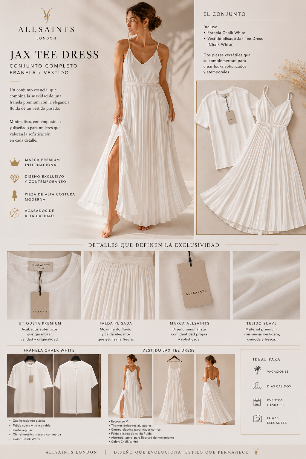 ALLSAINTS London Jax Tee Dress Chalk White + Franela Premium Mujer | Conjunto Elegante Plisado