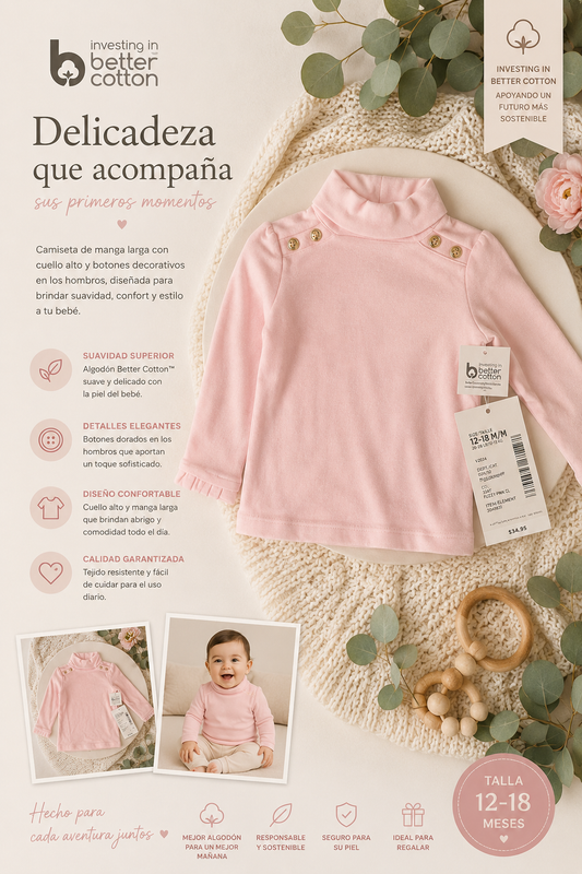 Blusa Infantil Premium Cuello Alto Rosa Pastel con Botones Dorados – Better Cotton – 12-18 Meses