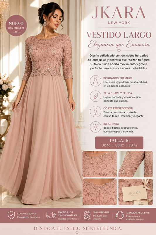 Vestido Largo JKARA New York Rosa Blush con Pedrería – Talla 16