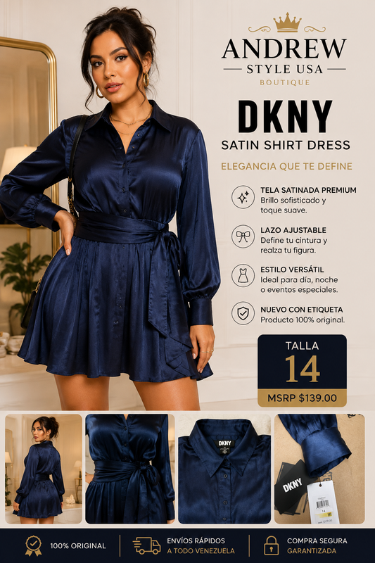 Vestido DKNY Satinado Azul Marino para Mujer – Talla 14 | Elegante y Original
