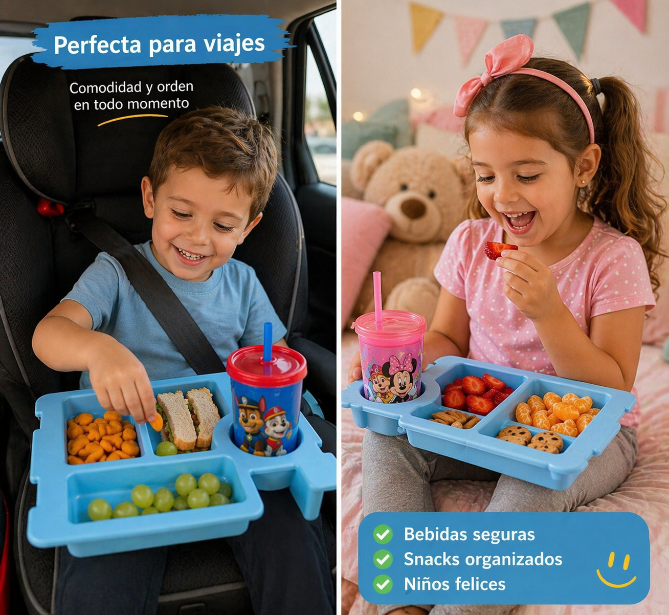 Bandeja Porta Snacks para Niños con Espacio para Bebida | Ideal para Viajes, Carro y Casa