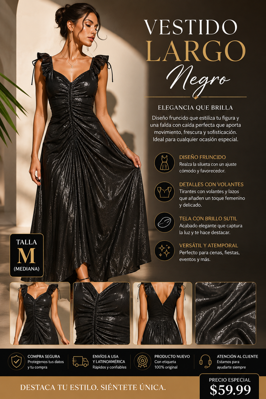 Vestido Largo Maggy London Negro Metalizado – Elegante de Fiesta