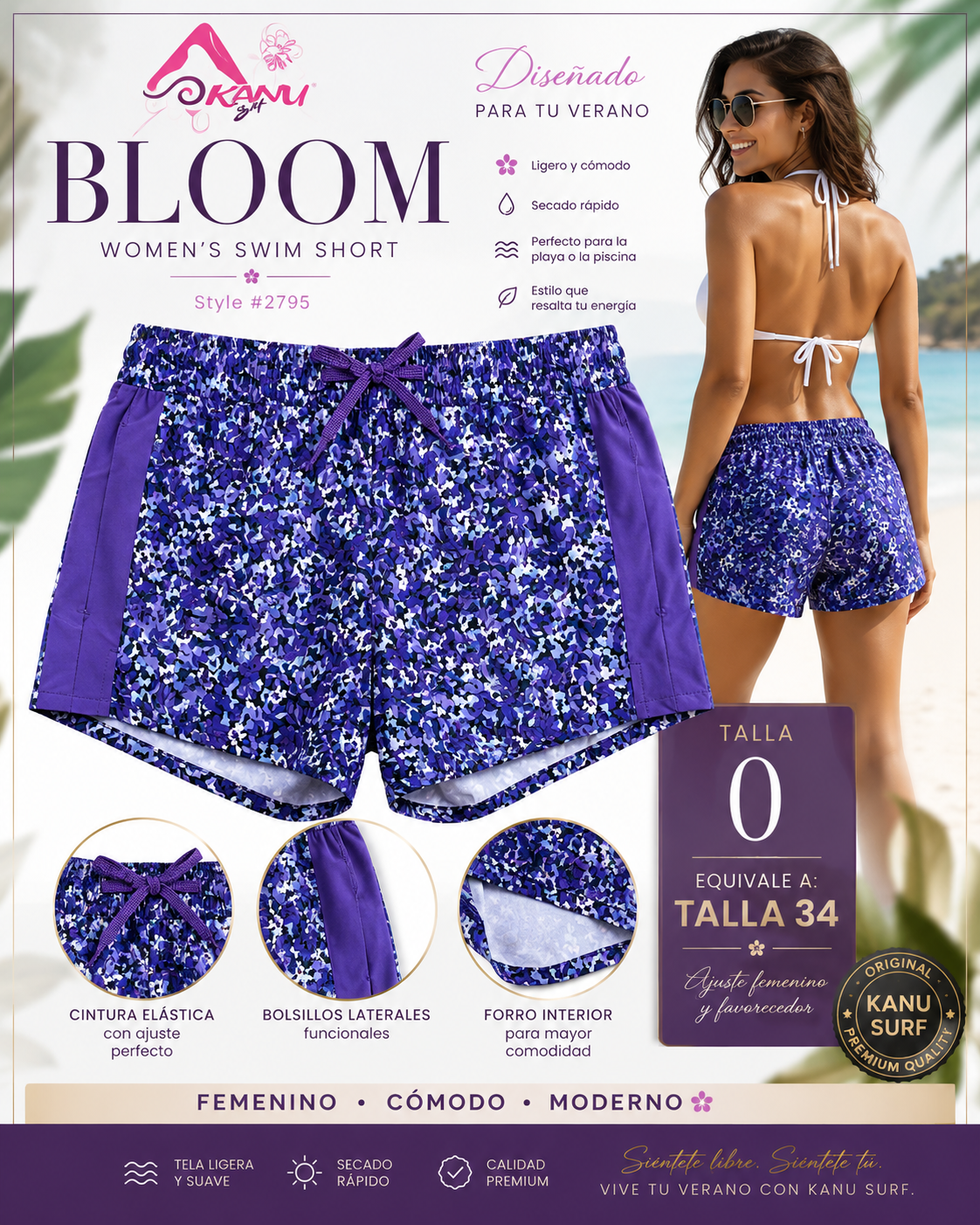 Short Traje de Baño Mujer Kanu Surf Bloom Purple Original Talla 34 (USA 0)